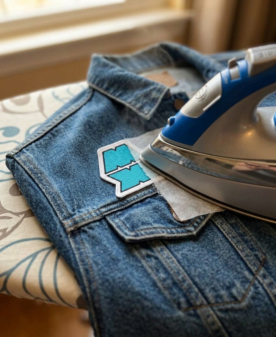 Ironing an embroidered patch onto denim