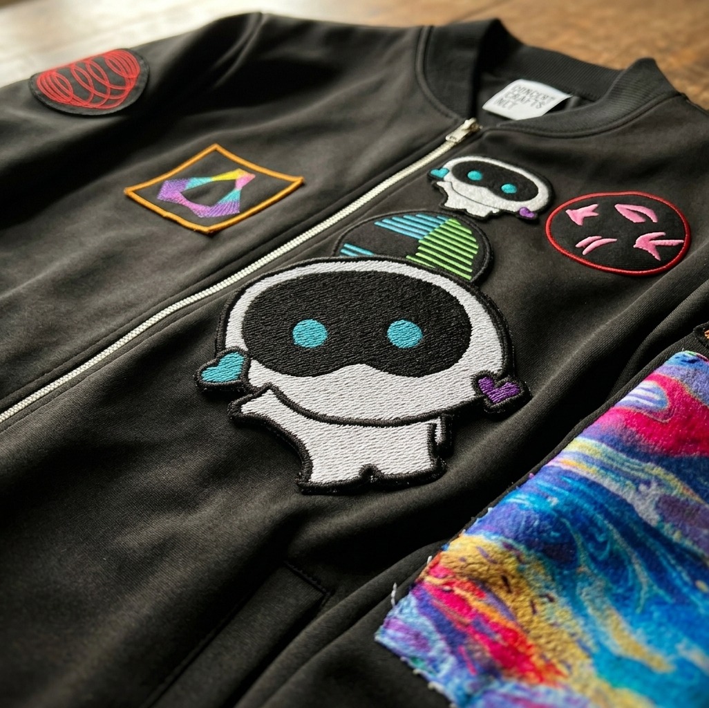 Music of the Spheres Jacket 2: embroidered border detail on a planet-themed patch