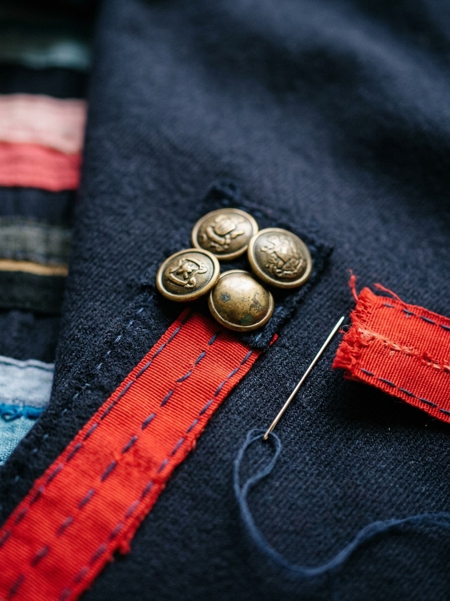 Viva La Vida Jacket 2: close-up of antique buttons and ribbon trim detail